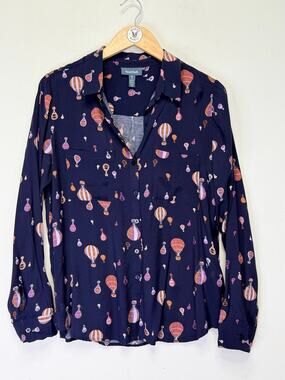 Modcloth Hot Air Balloon Print Blouse M Navy Button Front Whimsical Novelty